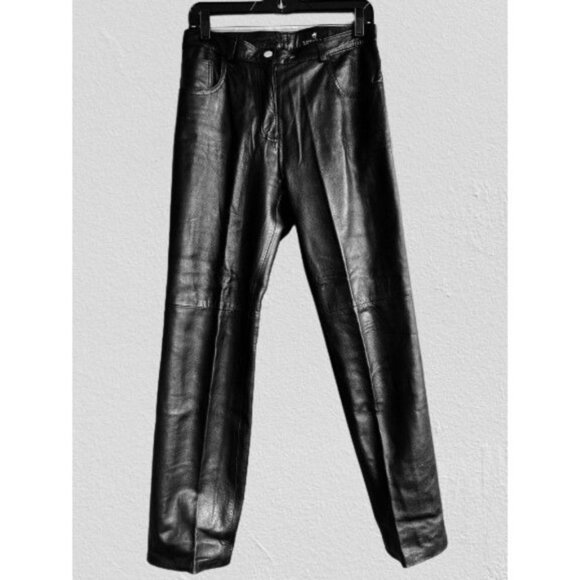 ROSSI & CARUSO Genuine Leather Pants Black Strait Cut Back Pockets Size Med - Picture 3 of 8